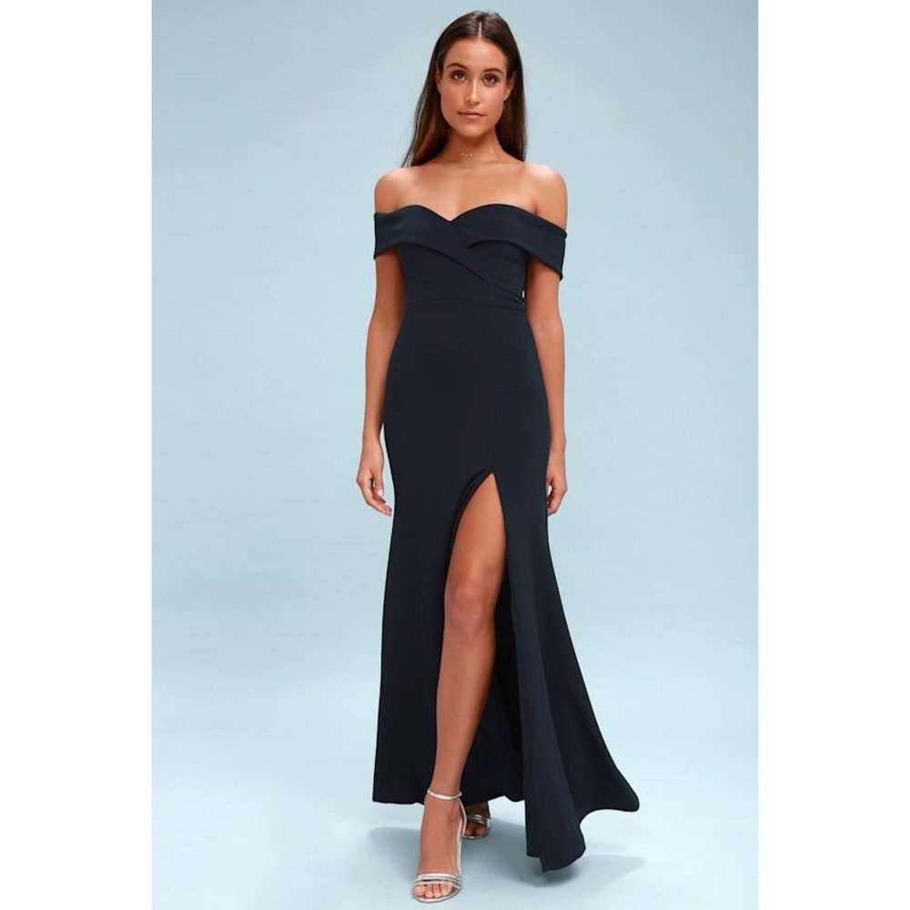 NWT‎ Lulus Song of Love Navy Blue Off-the-Shoulder Maxi Dress - Sz Small